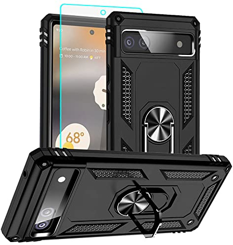 Pixel 6a Hülle, Google Pixel 6A Hülle Metallring Handyhülle & Schutzfolie, Hybrid Case Ständer Stoßstange Handy Hüllen Cover für Google Pixel 6a,Schwarz