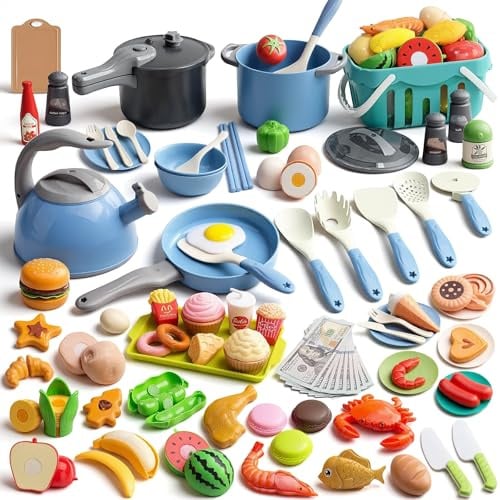130Pcs Kitchen Playset, Toddler Pretend Cooking Play Pots, Pans, Utensils Cookware, Daily Food Fruit Veges, Shopping Storage Basket, Dessert, Prop Money, Learning Gift for Child (Blue)