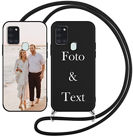 Yoedge Handykette Personalisierte Handyhülle für Samsung Galaxy A21s 4G Hülle mit Band Kordel 6,5,Selbst Gestalten mit Foto Bild Text Individuelle Schutzhülle Schwarz Cover für Samsung A21s 4G Case