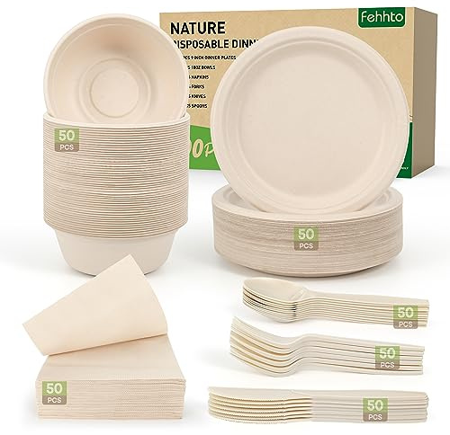 FEHHTO Compostable Paper Plates Set 300PCS Heavy-Duty Disposable Plate, Bowl and Utensil Biodegradable Dinnerware for Party Sugarcane Plates, Extra Long Forks & Knives & Spoons for 50 People