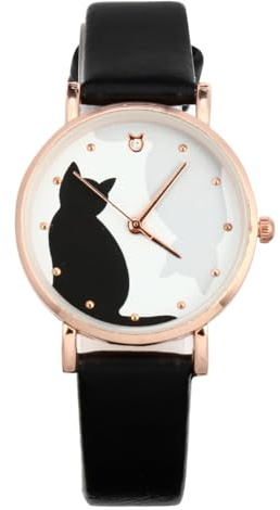 Hemobllo Damen-Armbanduhr mit Katzen- – niedliche Damen-Armbanduhr aus PU-Leder, Schwarz, 21X3.4CM