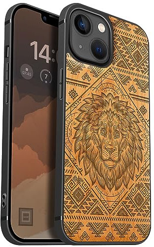Carveit Coque magnétique pour iPhone 13 Étui Bois Case de téléphone Antichoc Bumper TPU Compatible avec Magsafe 13 Coque Bois Etui Unique (Cerise-Le Lion Filigrane)