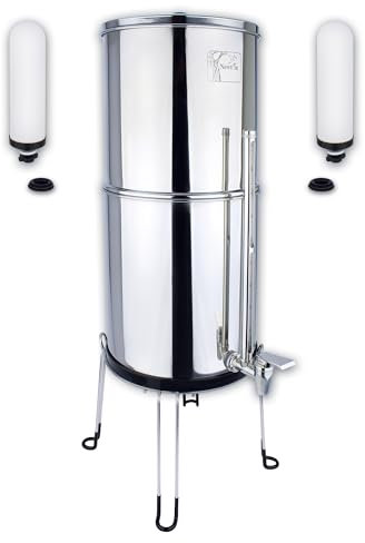 NEWTON Premium Schwerkraft-Wasserfiltersystem mit Fluoridentfernung | 12l Kapazität | Komplettes System mit 2 x Filterkerzen, Edelstahlständer und Sichtglashahn