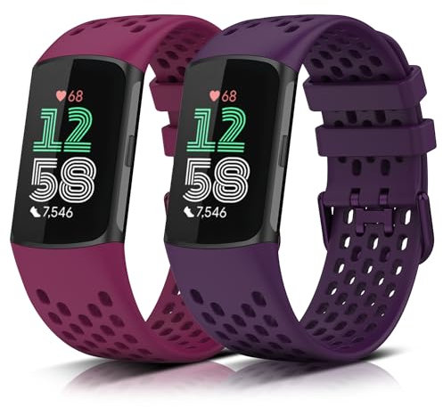 KeeFos 2 Stück Armband Kompatibel mit Fitbit Charge 5 / Fitbit Charge 6, Silikon Ersatzarmband Uhrenarmband Herren Damen für Silikonbändern, Fitbit Charge 5 / Fitbit Charge 6 Armbänder (Rot + Lila)