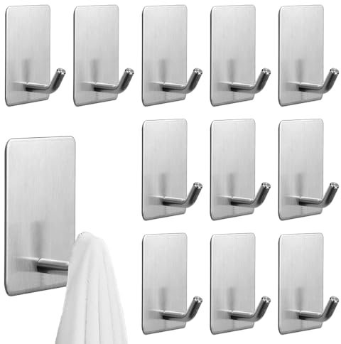 NAROSEBE 12 Pcs Ganchos Baño Adhesivos Colgador de Toallas Ganchos Acero Inoxidable sin Taladro Colgador Cocina Autoadhesivo Pared para Baño Cocina Albornoz Trapos, Carga 3~4kg