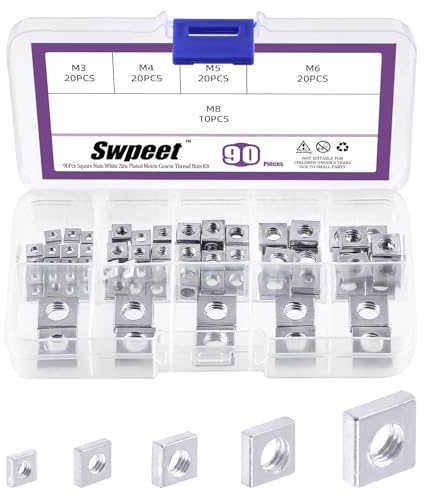 Swpeet 90Pcs 5 Größen M3 M4 M5 M6 M8 Weiß Zink Metric Grob Gewinde Vierkantmuttern Assortiment Kit, Maschinenschraubenmutter Metric Grob Gewinde für Home Automotive Shop Gebrauch