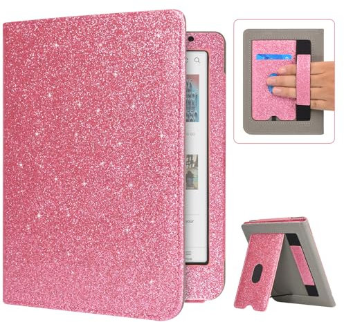 Caweet Étui pour Tolino Shine Color/Shine 5(2024)/Shine 4(2022) et Kobo Clara Colour/BW/2E, Couverture à Support Pliable avec Fente pour Carte, Sangle pour la Main et Auto Sleep/Wake, Rose Scintillant