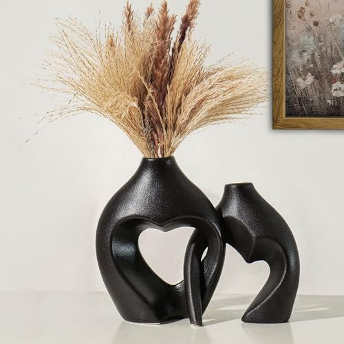 Schwarze Keramik Vase Set von 2 für Moderne Wohnkultur, Boho rundes Mittelstück für Esszimmer Tisch, herzförmige Vasen für Blumen, Wohnzimmer Tisch Dekor mit Pampas Gras Vasen