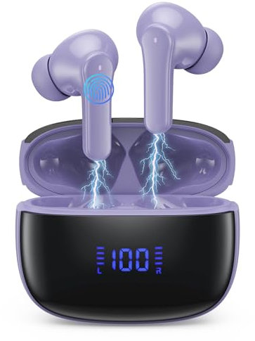 Bluetooth Kopfhörer, Kopfhörer Kabellos Bluetooth 5.3 In Ear Kopfhörer mit 4 ENC Noise Cancelling Mic, Kabellose Kopfhörer Tiefer Bass Wireless Earbuds 50Std, IP7 Wasserdicht Ohrhörer LED Anzeige-Lila
