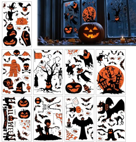 AYV 9 Blatt Halloween Fensteraufkleber,Halloween Fensterdeko,Halloween Türdeko Aufkleber,Halloween Fensterbilder Deko,Halloween Dekoration Haunt Fenster BilderHalloween Deko,Türdeko Kürbis Halloween