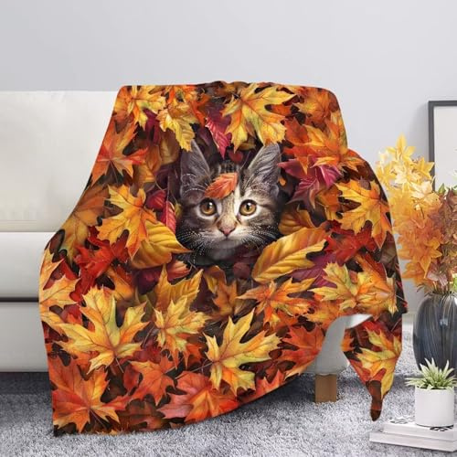 Suhoaziia Fleecedecke mit Katzenmotiv, Ahornblätter, ultraweich, warm, flauschig, Überwurf für Bett, gemütliches Flanell, Doppeldecke für Sofa, Couch, Herbst, Erntedankfest