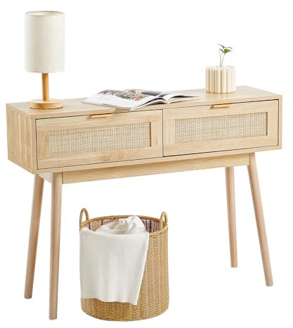 VEVOR Rattan Console Table with 2 Storage Drawers, Rattan Entryway Table with Natural Rattan Sliding Door, Console Sofa Table for Living Room, Study, Entryway Or TV Wall, Natural