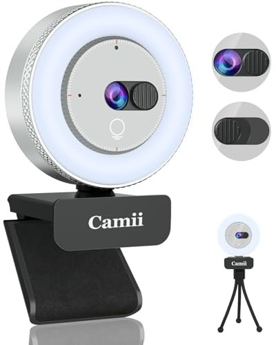 Camii Cámara web 2K, cámara web para PC con anillo de luz HD y cubierta de privacidad, micrófono con cancelación de ruido, enfoque automático, cámara de transmisión 2K 30FPS USB Plug-n-Play para