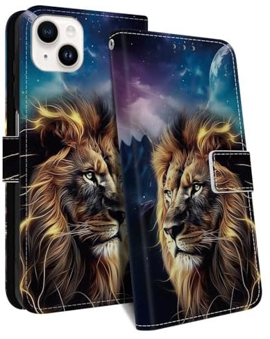 HopMore Coque pour iPhone 13 / iPhone 14 Housse en Cuir PU Premium, Etui à Rabat Pochette Portefeuille Porte Carte Flip Case, Étui de Protection avec Motif Cover pour iPhone 13 / iPhone 14, D Lion