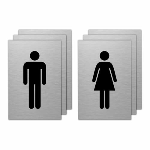 Slimline Aluminium Male Female Toilet Sign Twin Pack from ViroDisplay® - Rigid Brushed Silver Aluminium - 100 x 150mm - Durable Printed Surface - Self-Adhesive Fixing (Pack of 3)