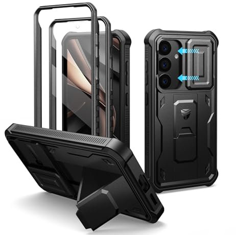 Dexnor pour Coque Samsung Galaxy S25【Double Cadre Avant et Support】 avec CaméRa Coulissante Intégrée & Protecteur d'écran, Coque de Protection Robuste Résistante Aux Chocs - Noir