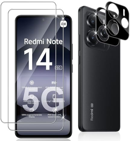 Datree 2 Pezzi per Xiaomi Redmi Note 14 5G Pellicola Vetro Temperato, con 2 Pezzi Pellicola Fotocamera (Nera), Durezza 9H HD Anti Graffio Protettiva Protezione Schermo