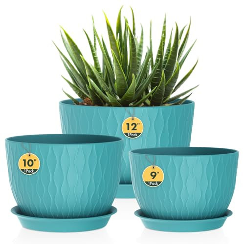 3 Pack Plastic Plant Pots,30/25/23CM,Large Plant Pots Indoor Flower Pots with Drainage Holes Saucer and Reservoir for All House Plants(Dark Green)