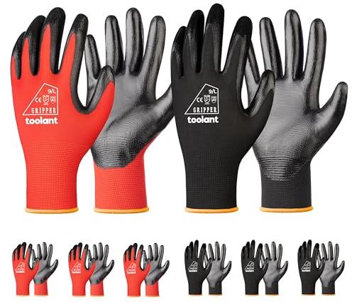 toolant Nitrilbeschichtete Arbeitshandschuhe Herren, Hervorragende Ölbeständigkeit, 6 Paar Grip-Schutzhandschuhe mit Touchscreen, Für Kfz-Reparatur, Gartenarbeit und Lager (Rot&Schwarz，L)