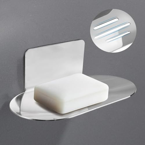 Porte-Savon Mural sans Perceuse, 14 x 8cm Acier Inoxydable Porte Savon Douche sans perçage, Mural à Coller dans Auto-Adhésif, pour Salle de Bain, Cuisine et Salle de Bain (Argent)