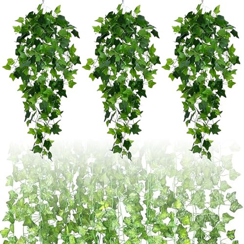 Grasslandy 3 Stück Künstliche Hängende Efeupflanze 100cm, Künstliche Pflanzen im Topf, Kunstpflanze Hängend, Gefälschte Efeu Künstliche, Geeignet für Hochzeit, Garten, Hängekörbe, Wand Dekoration