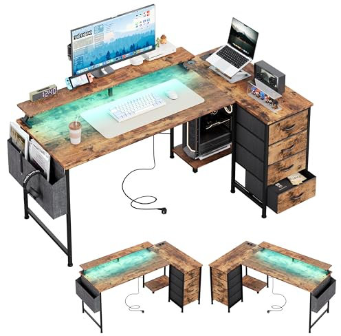 CAIYUN Eckschreibtisch mit 4 Stoff Schubladen, 160x80cm Schreibtisch L Form Reversibler mit USB-Ladeanschluss und Steckdose, L förmiger Schreibtisch mit Monitorablage für Homeoffice, Vintage Braun