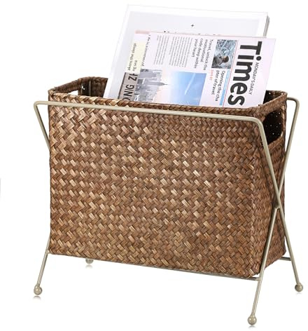 TOLIDA Stabiles Zeitungsständer aus Seegras, Gewebtes Aufbewahrungskorb mit Griff, Aktenhalter mit Metallständer, Weidenkorb für Buch, Zeitschriften, Papiere als Geschenk Deko