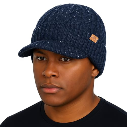 TOP-EX DryKnit™ Marineblau wasserdichte 80% Merino-Wollmix Strickmütze mit Schirm Fleece Gefüttert Wintermütze Herren Damen Große Köpfe Laufen Kaltes Wetter M/L