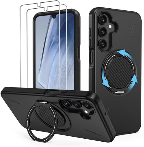 Aropuktek 360° Ring Stand for Samsung Galaxy A16/A17 Case Magnetic Black | 2x Screen Protectors, 16FT Military-Grade Dual-Layer Drop Protection, Anti-Scratch, Secure Grip, Slim & Sleek Phone Cover