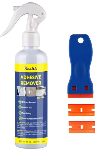 Realth Adhesive Remover Spray 250ml with Plastic Scraper | Sticky Stuff Remover, Quickly Drying, Fast-Acting Cleaner, for Remove Labels Stickers Glue Tape and Glass Residue