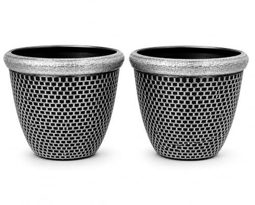 Trendi Large Outdoor Plant Pots, Silver, 35.5 cm x 29 cm, 2 Pack | Drainage Holes, Decorative Plastic, Weather Resistant, Lightweight Woven Design, For Patio, Balcony & Garden