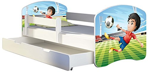 ACMA Kinderbett 160x80 Jugendbett mit Einer Schublade und Matratze, Rausfallschutz, Lattenrost Weiß, stabil, Kinderzimmer Bett, Jugendmöbel Design 13 Fußballer