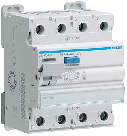 Hager Fehlerstromschutzschalter CDF640D 4p 10kA 40A 30mA F Fehlerstrom-Schutzschalter 3250611621614