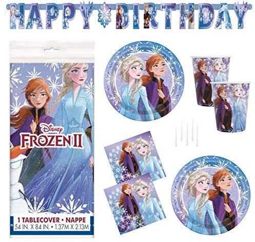 Frozen 2 Party Supplies Set - Serves 16 - Includes Banner Decoration, Tablecover, Large Plates, Napkins, Cups and Candles
