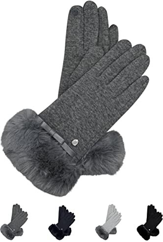 AKAROA ESTD 2019 Damen Handschuhe Liz, Touchscreen Handschuhe, extra weiches Teddyfutter, elastisches Jerseymaterial, Kunstfellstulpe, 100% vegan, anthrazit, S/M