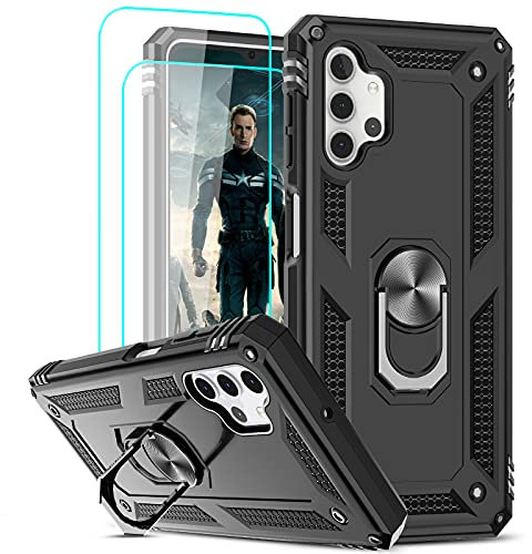 LeYi for Samsung Galaxy A32 5G Case and 2 Tempered Glass Screen Protector,Ring Holder Military Grade Protective Silicone Shockproof Tough Armor Hard Mobile Phone Cover for Samsung Galaxy A32 5G Black