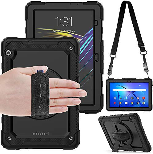 TECHGEAR UTILITY Funda para Huawei Mediapad T5 de 10.1 pulgadas 2018, resistente y resistente, cuerpo completo, a prueba de golpes, con soporte giratorio 360, correa de mano y correa de hombro