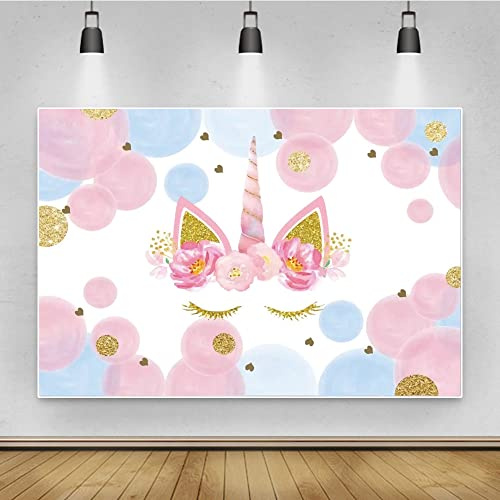 Renaiss 1.5x1.2m Fondo de Unicornio Fondo de Foto de Feliz cumpleaños Unicornio con Purpurina Dorada Puntos Azules y Rosas Decoración de Fiesta para niña Baby Shower Studio Props