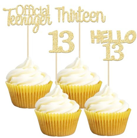 Gyufise 24Pcs Gold Glitter 13th Birthday Cupcake Toppers Hello 13 Thirteen Cake Toppers Official Teenager Cupcake Picks 13th Birthday Party Cake Decorations Supplies