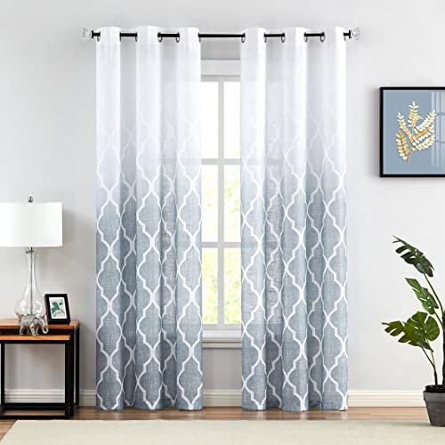 Beauoop Weiß Grau Voile Vorhänge Farbverlauf Leinenoptik Vorhänge Halbtransparente Gardinen mit Ösen Wohnzimmer Schlafzimmer Kinderzimmer 2er Set, 107 × 245 cm (HxB)