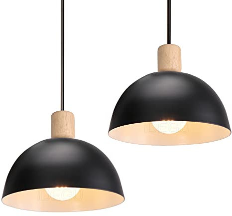 iDEGU 2 Stück Ø20cm Hängelampen Retro E27 LED Hängeleuchte Moderne Skandinavisch Deckenleuchte aus Metall Holz Pendelleuchte für Schlafzimmer Esszimmer Küche Restaurant (Schwarz, 2 Lampen)
