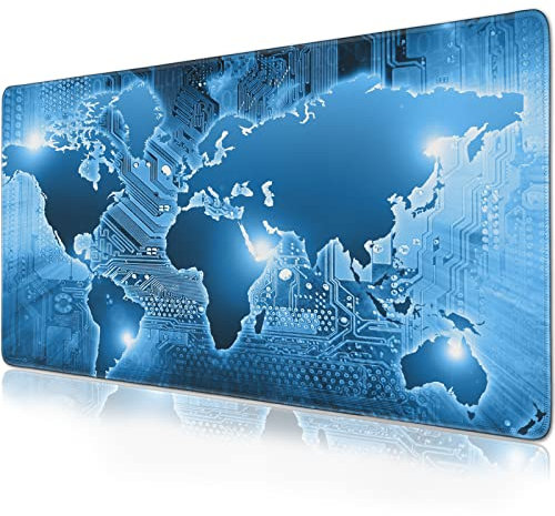World map Extended Gaming Mouse Pad (35.4x15.7 in) Large Non-Slip Rubber Base Circuit Board Computer mat for Desk with Stitched Edges Full Desk Mousepad XXXL