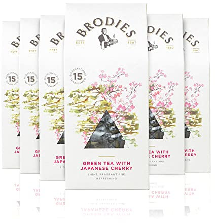 Brodies - Green Tea With Japanese Cherry - 100% Natural Eco-Friendly and Sustainably Sourced - 6 Boxes Of 15 Tea Bags - Total Of 90 Plastic Free Pyramid Teabags