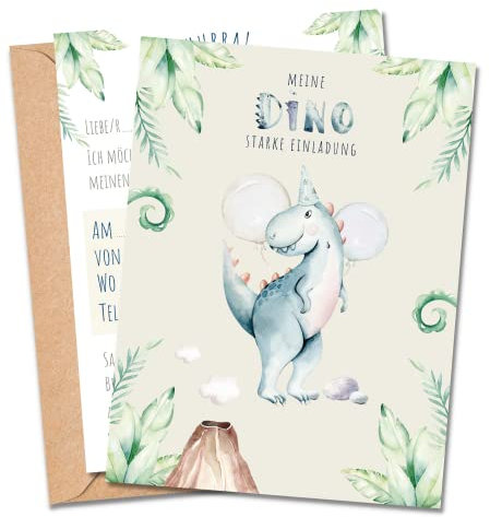 MeinBaby123® 10 Einladungskarten Kindergeburtstag Jungs | süße Geburtstagseinladungen für Kinder | Dinosaurier Einladungskarten | inkl. 10 Briefumschläge | Premium Qualität (Dino V4)