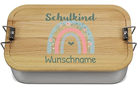 PR Print Royal Große Brotdose Bedrucken mit Name - Regenbogen in Rosa - Geschenk zur Einschulung, personalisiertes Geschenk - Brotdose selbst gestalten, Holzdeckel, BPA-frei, 1000 ml