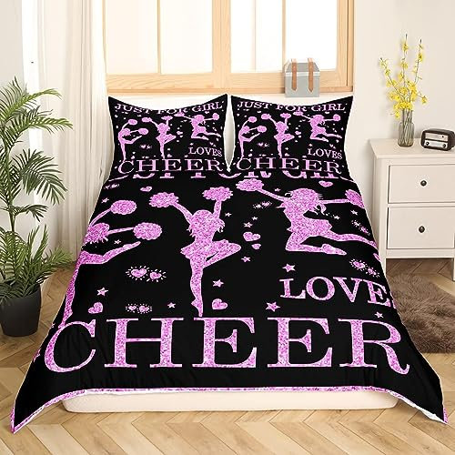Jubelnde Mädchen Bettwäsche 135x200 Jubel Sport Bettbezug für Cheerleader Geschenke Teenager Mädchen Gymnastik Trainer Rosa Lila Glitter Pailletten Bett Set Herz Sterne Muster Bettwäsche Set 2 Stücke