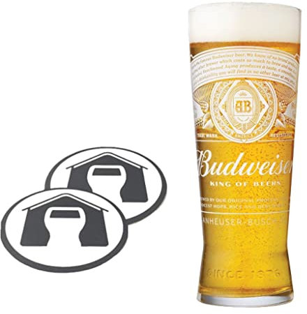 GarageBar | Budweiser Glass | Nucleated Beer Glass | Official Merchandise | Comes with 2X Beer Drip Mats | 1 Pint Glass