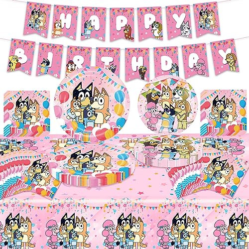 Partygeschirr Geburtstagsdeko Set, Blue Party Deko Geburtstag, Partygeschirr Kindergeburtstag Party Deko-Rosa Hunde Geburtstag Banner Teller Servietten Tischdecken Für Geburtstagsfeier Verwendet