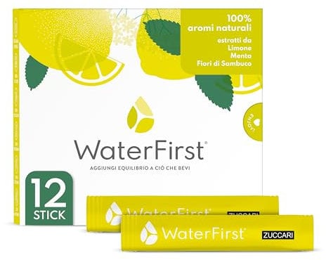 Zuccari WaterFirst Limone, Menta, Fiori di Sambuco, 12 Stick-Pack da 1,5g, Aromatizzatore per Acqua con Alkacitrati, Senza Zuccheri, Edulcoranti e Conservanti, Supporta il Metabolismo Acido-Base