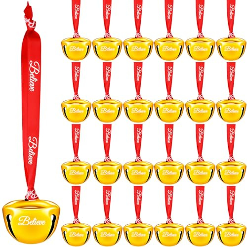 Weihnachtsglocken, Weihnachtsschlittenglocken mit Band, 3,8 cm, Glöckchen, Weihnachtsbaumglocken, Großpackung, Polar Express, Mini-Glocken für Weihnachtsdekoration (Goldfarbe, 24)